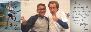 Bhasker with Bill Rodgers. To the left and right are  brief autographed messages from Rodgers (Photos: courtesy Bhasker. Photo montage: Shyam G Menon)