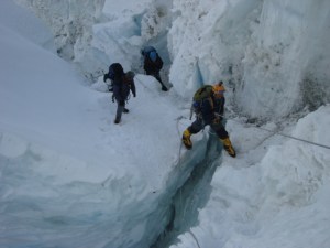Negotiating a crevasse on the Khumbu Icefall (Photo: courtesy Dr Murad Lala)