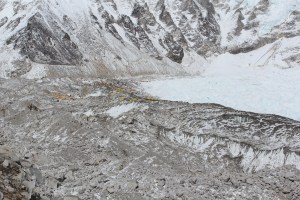 Overall view of the location of Everest Base Camp. The tent clusters can be seen as small coloured specks (Photo: courtesy Love Raj Singh Dharmshaktu) 