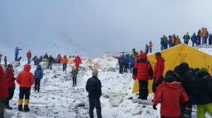 Mt Everest, April 26, 2015 : Helicopters arrive at the base camp of Mt Everest to airlift injured persons from the camp after an avalanche killed 16 people on Everest on April 25, 2015. (Photo by Praveen C M )