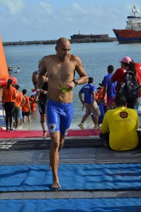 Kaustubh finishing the 3.8 km-swim at Ironman Brazil (Photo: by arrangement)