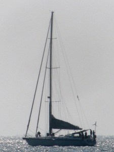 The all woman crew taking the Mhadei out from her anchorage at Verem in Goa towards the estuary of the Mandovi and the sea beyond, on January 4, 2016. At this point she is using her engine. (Photo: Shyam G Menon) 