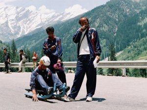 A modern luge adapted for the road, fitted with wheels. From a talent scouting camp held by Shiva and Namita at Solang near Manali (Photo: courtesy Shiva Keshavan)