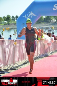Budapest Half Ironman; Meena just after finishing the swim segment